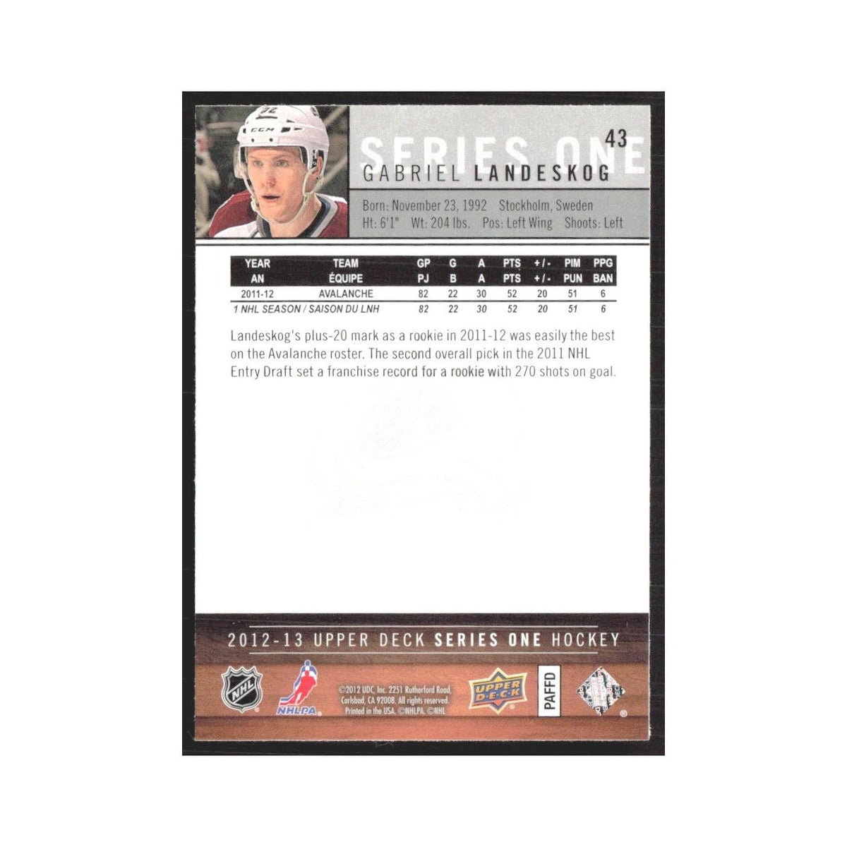 2012 Upper Deck Gabriel Landeskog Colorado Avalanche #43