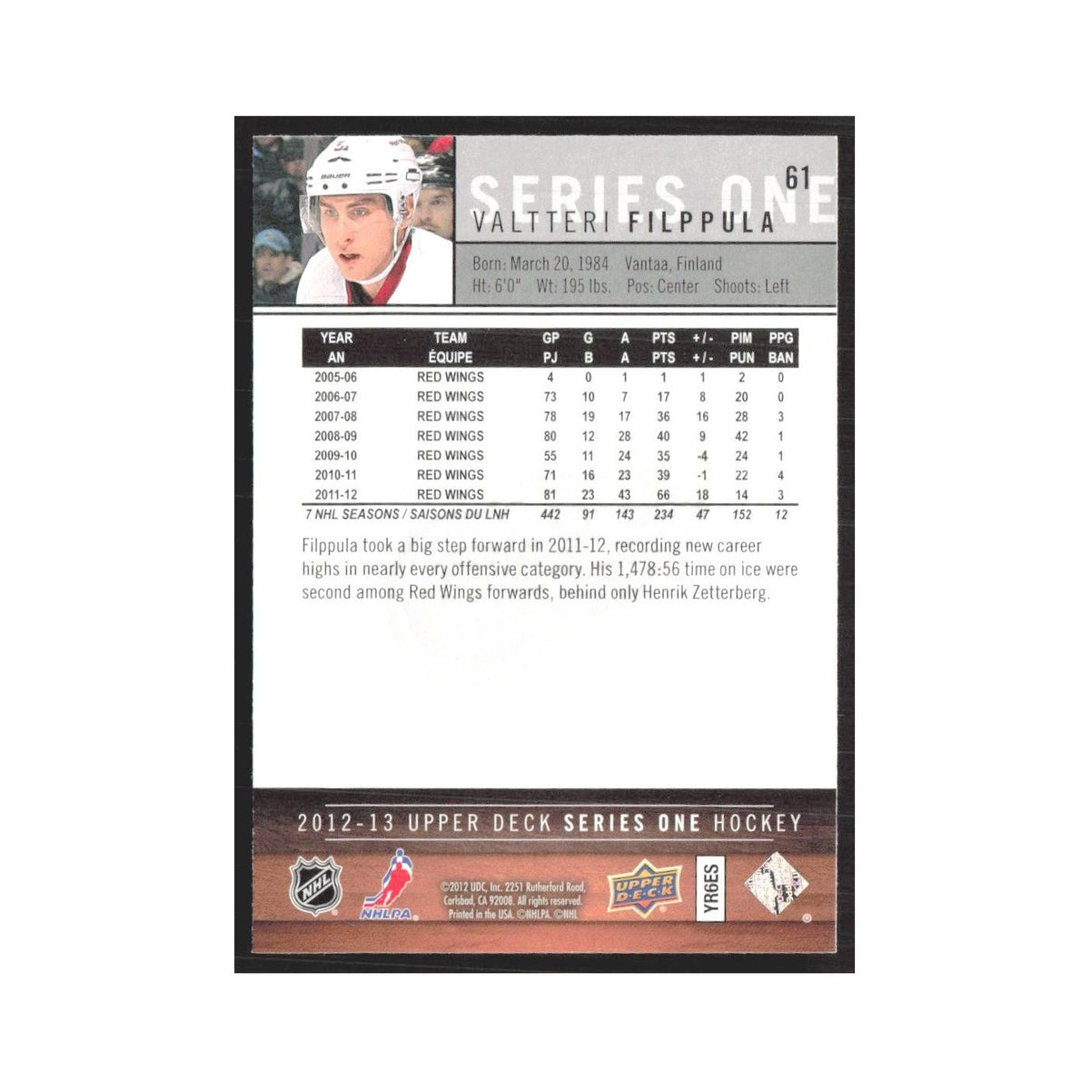 2012 Upper Deck Valtteri Filppula Detroit Red Wings #61