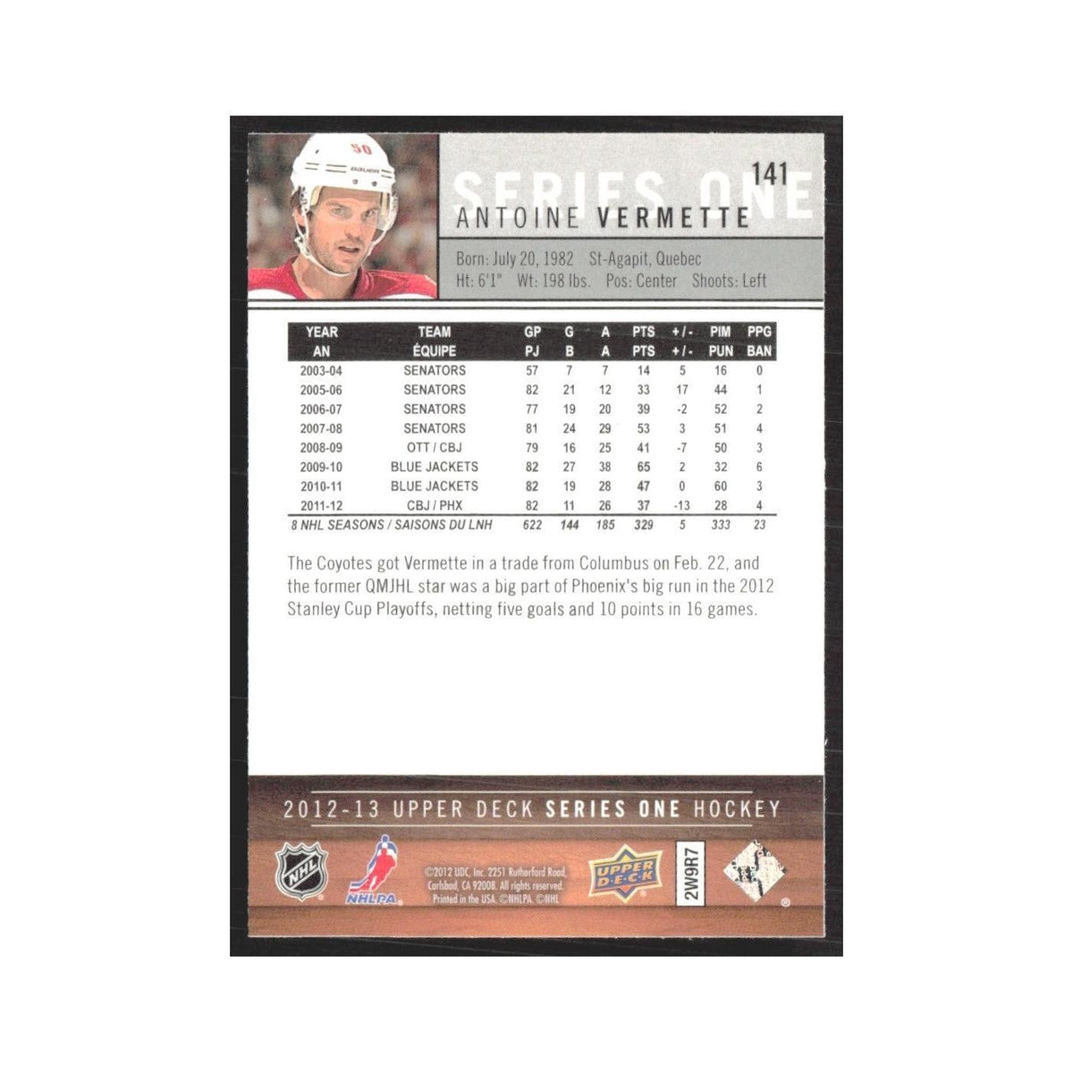 2012 Upper Deck Antoine Vermette Phoenix Coyotes #141