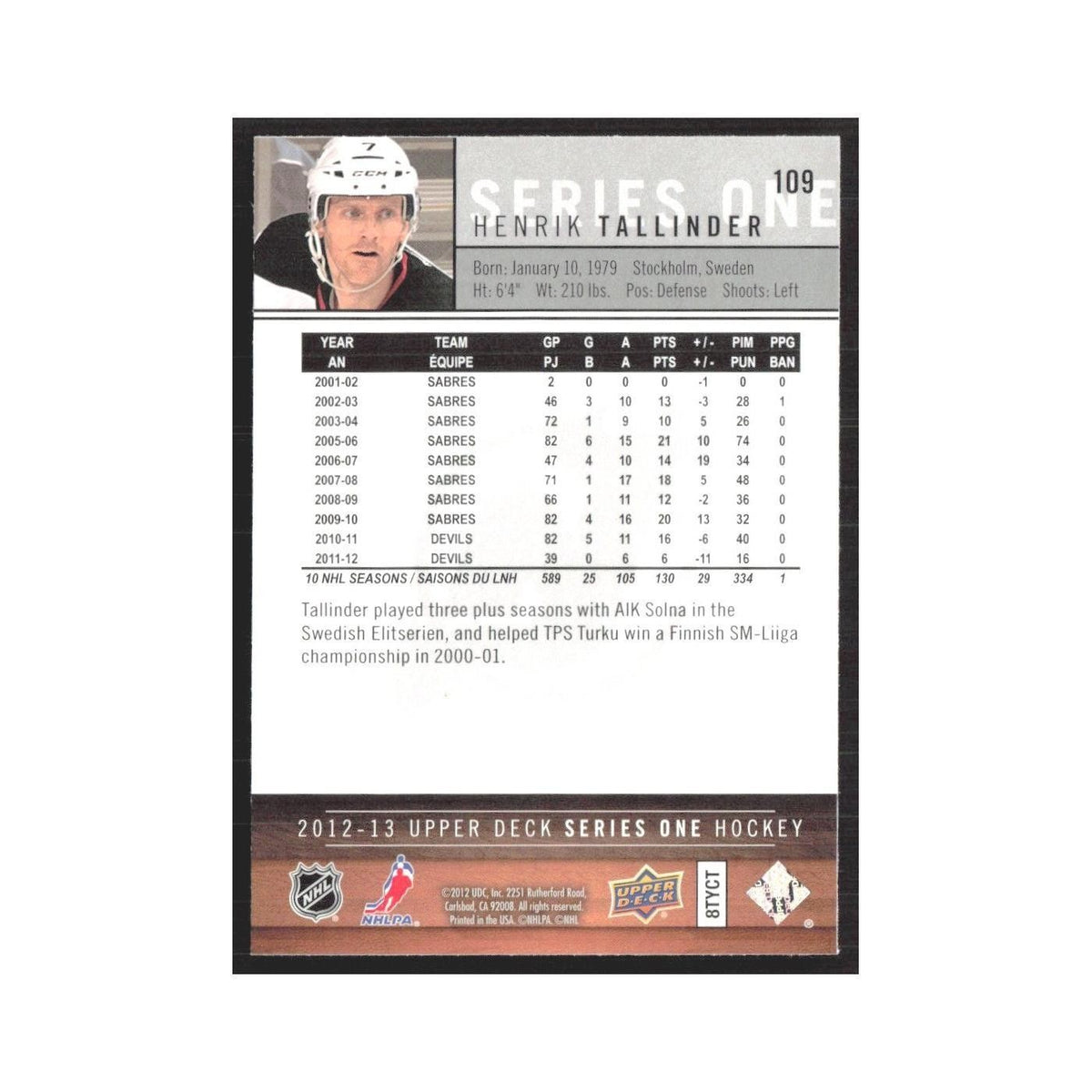 2012 Upper Deck Henrik Tallinder New Jersey Devils #109