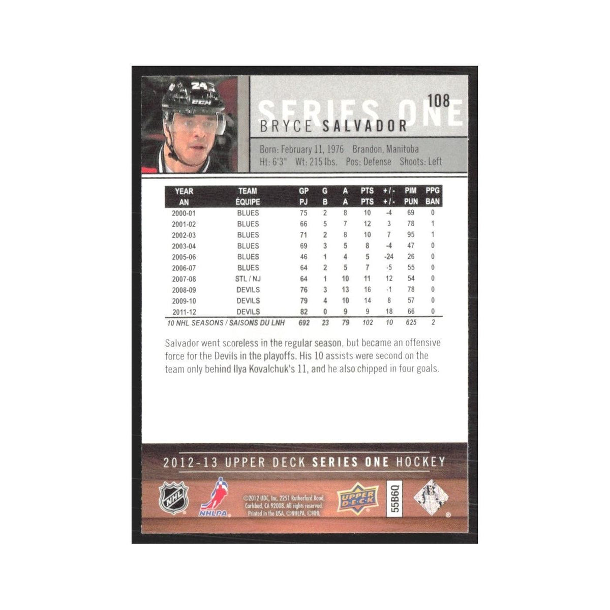 2012 Upper Deck Bryce Salvador New Jersey Devils #108