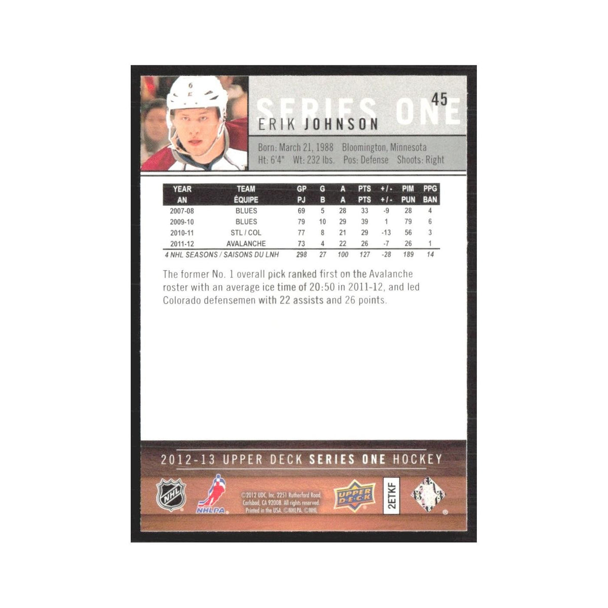 2012 Upper Deck Erik Johnson Colorado Avalanche #45