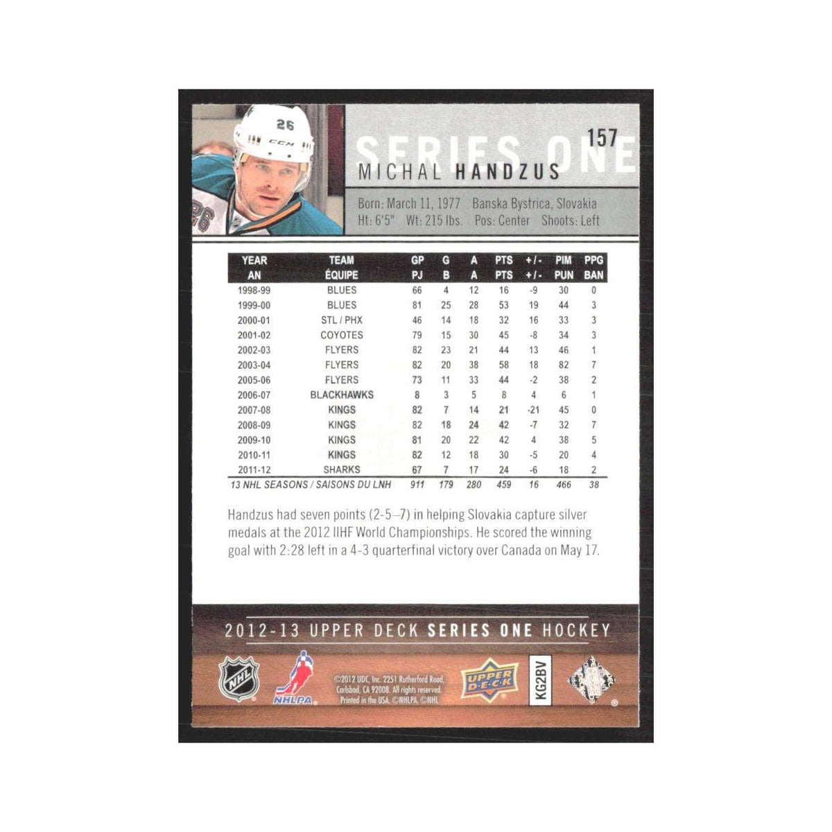 2012 Upper Deck Michal Handzus San Jose Sharks #157