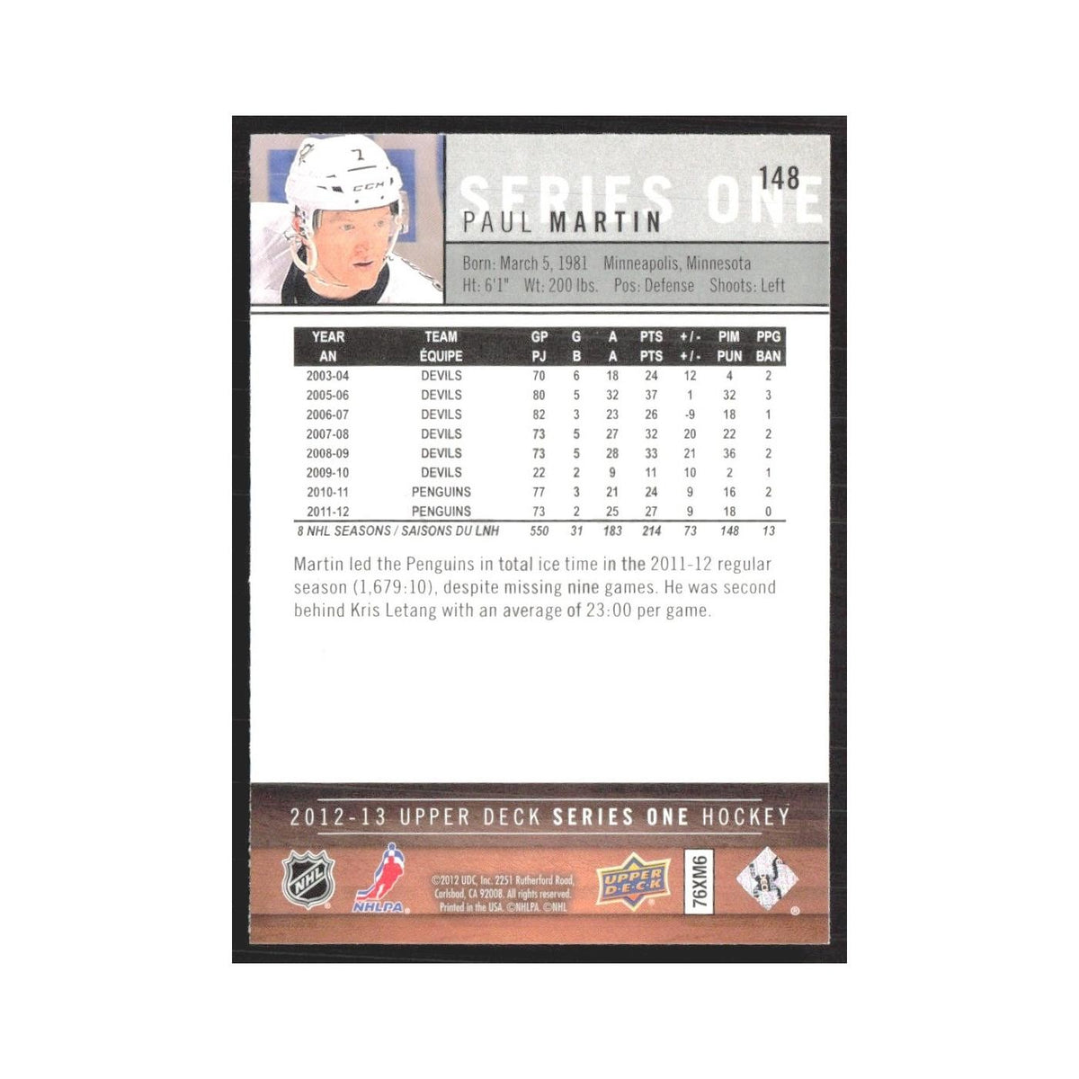 2012 Upper Deck Paul Martin Pittsburgh Penguins #148