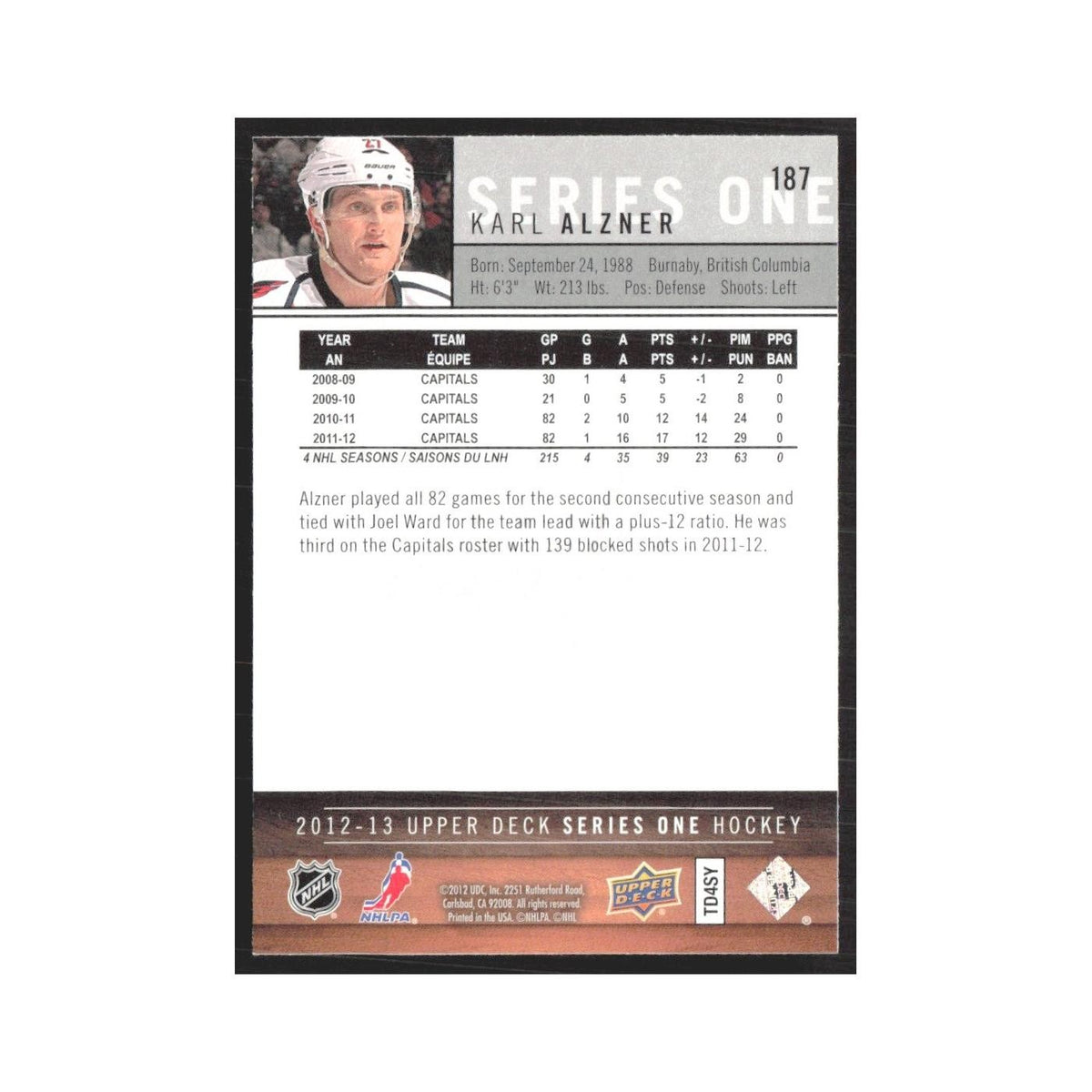 2012 Upper Deck Karl Alzner Washington Capitals #187