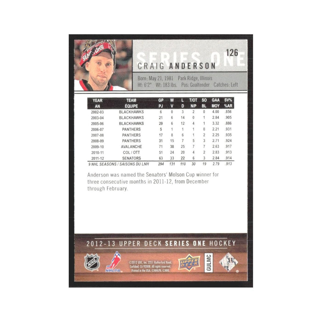 2012 Upper Deck Craig Anderson Ottawa Senators/Montreal Canadiens #126