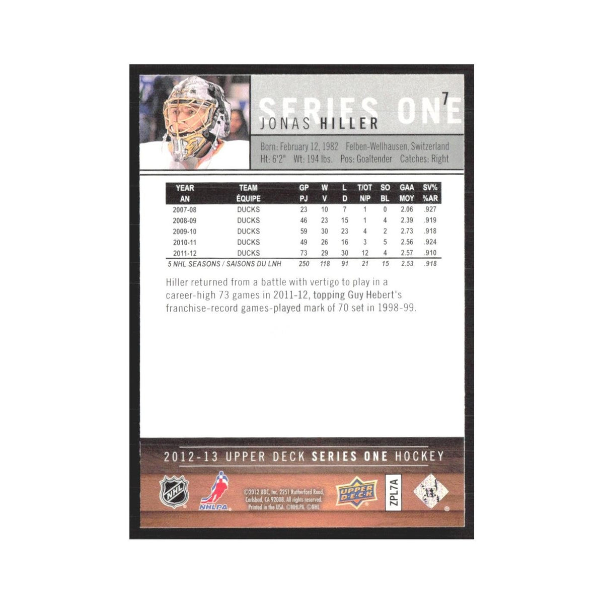 2012 Upper Deck Jonas Hiller Anaheim Ducks #7