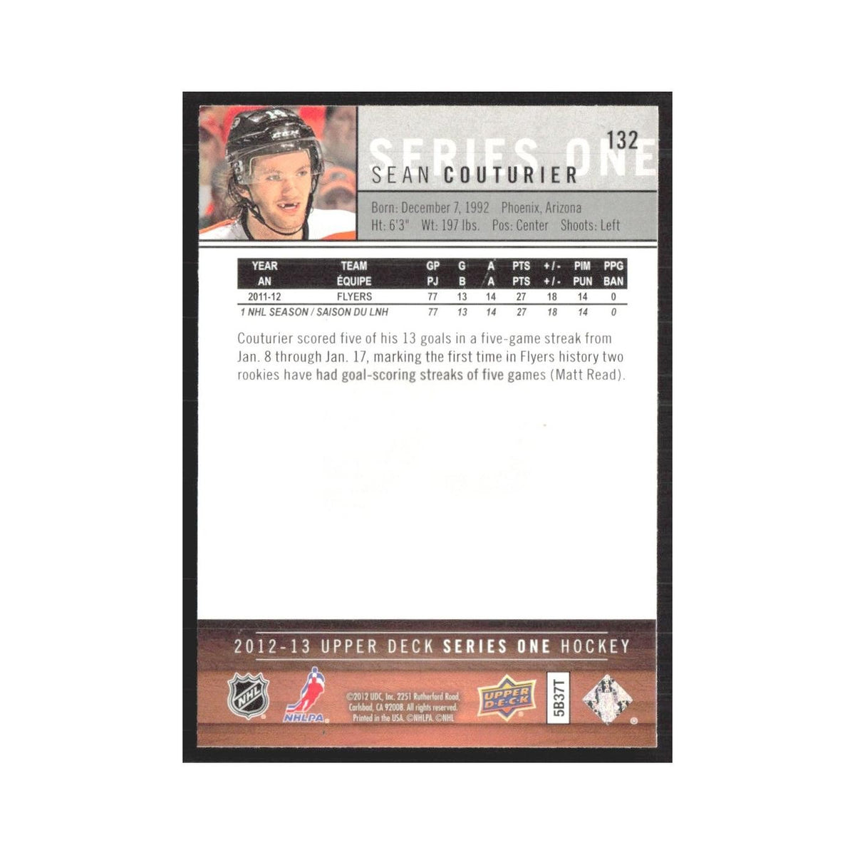 2012 Upper Deck Sean Couturier Philadelphia Flyers #132