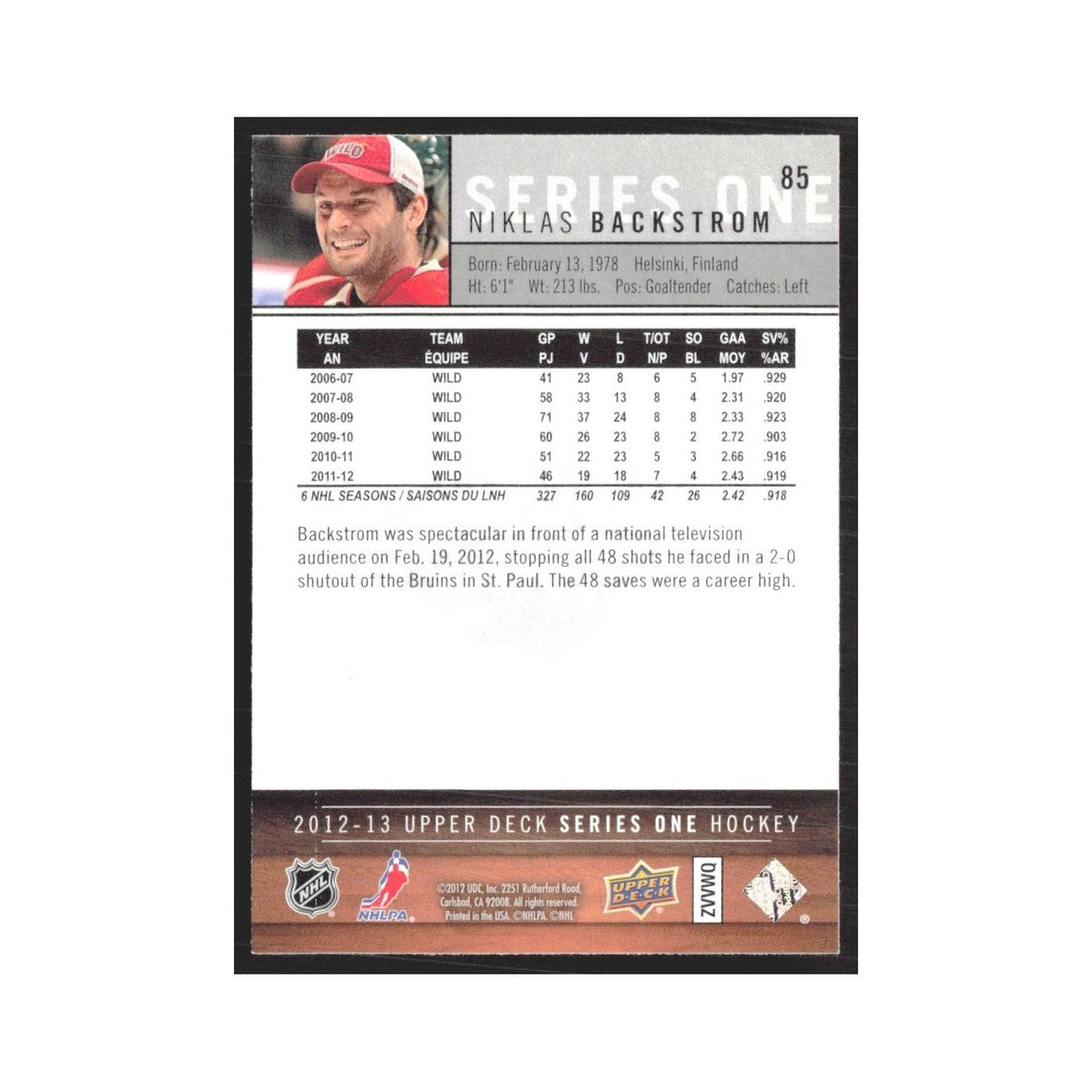 2012 Upper Deck Niklas Backstrom Minnesota Wild #85