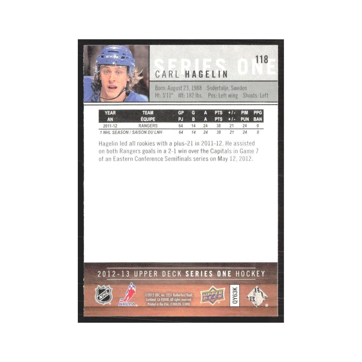 2012 Upper Deck Carl Hagelin New York Rangers/Ottawa Senators/Detroit Red Wings