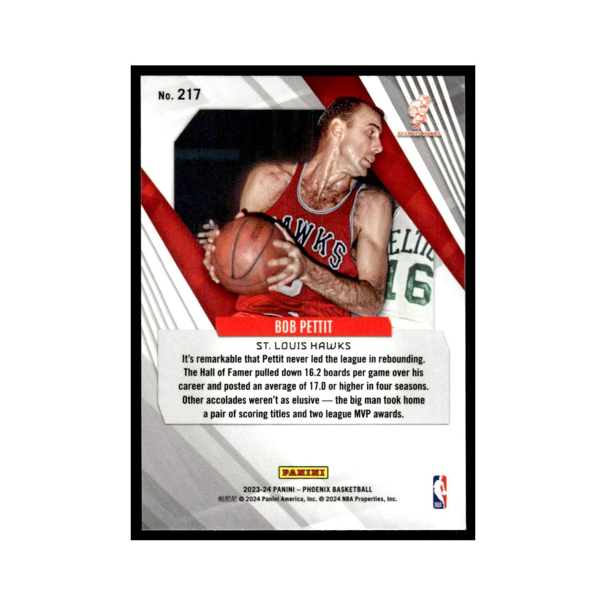 Bob Pettit 2023 Panini Phoenix #217 St. Louis Hawks Basketball Card NM