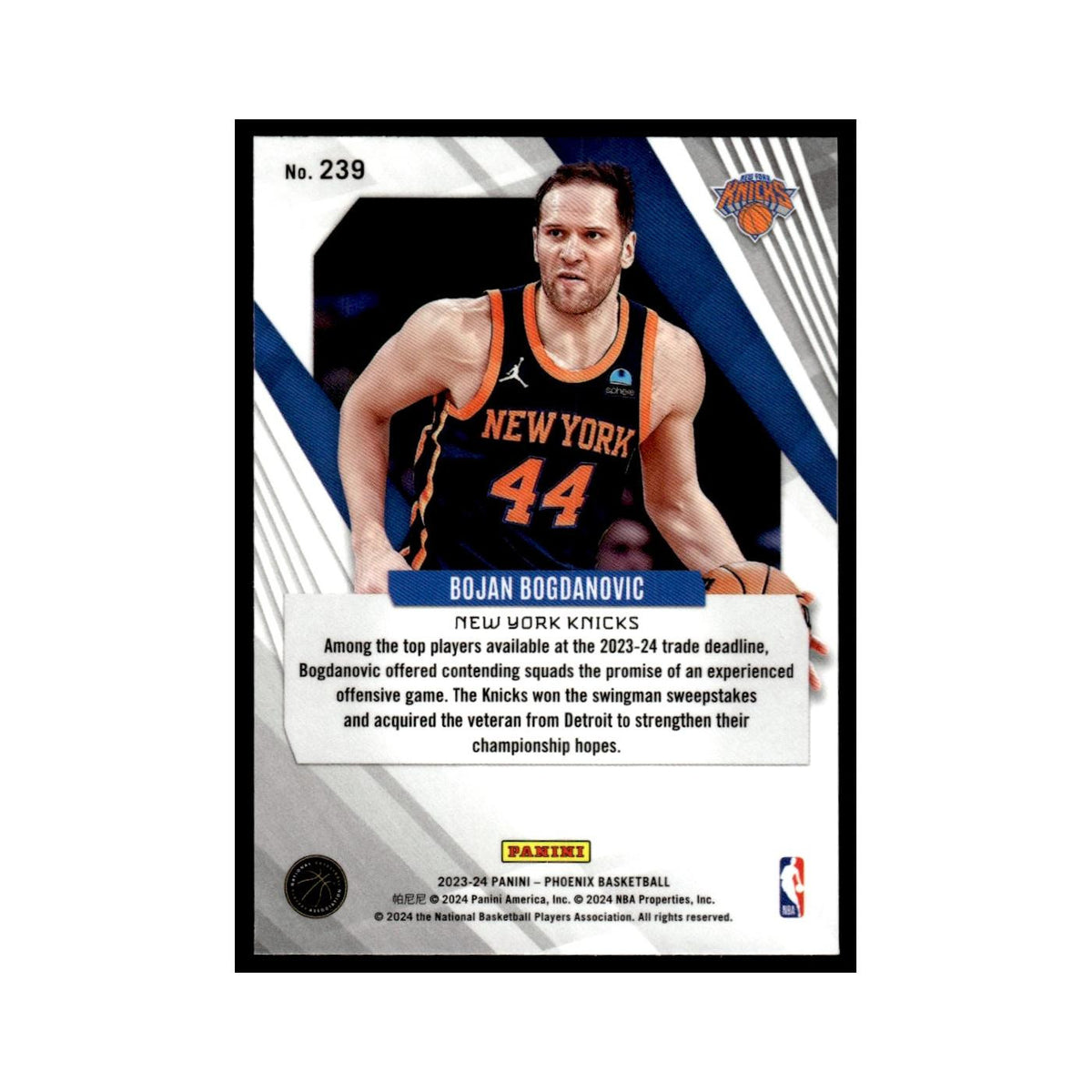 Bojan Bogdanovic 2023 Panini Phoenix #239 New York Knicks Basketball Card NM