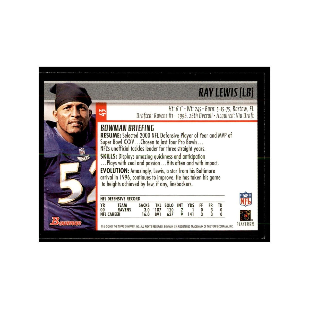 2001 Bowman Ray Lewis Football Cards #43