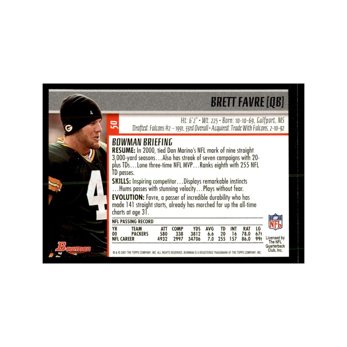 2001 Bowman Brett Favre Football Cards #50