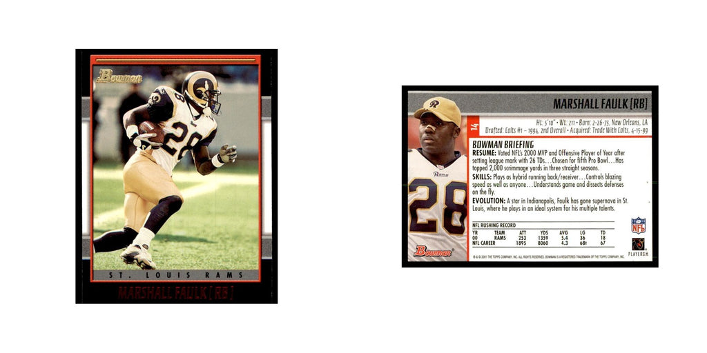 2001 Bowman Marshall Faulk Football Cards #14