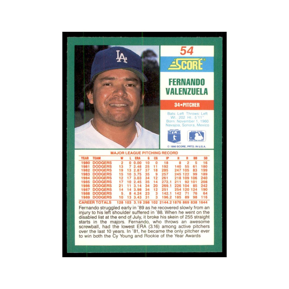 1990 Score Fernando Valenzuela Baseball Cards #54