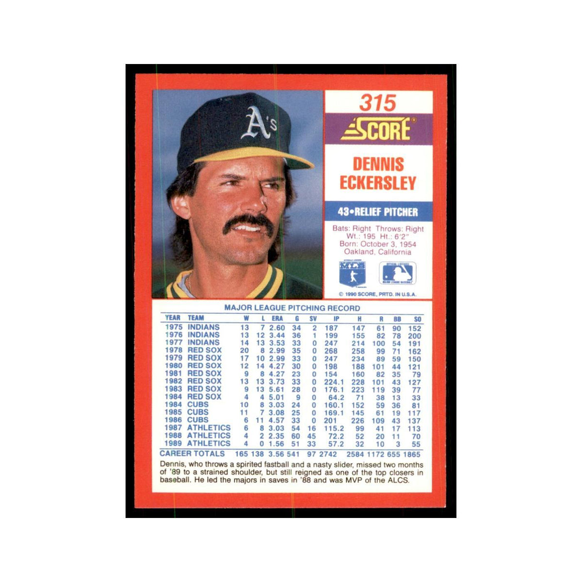 1990 Score Dennis Eckersley Baseball Cards #315