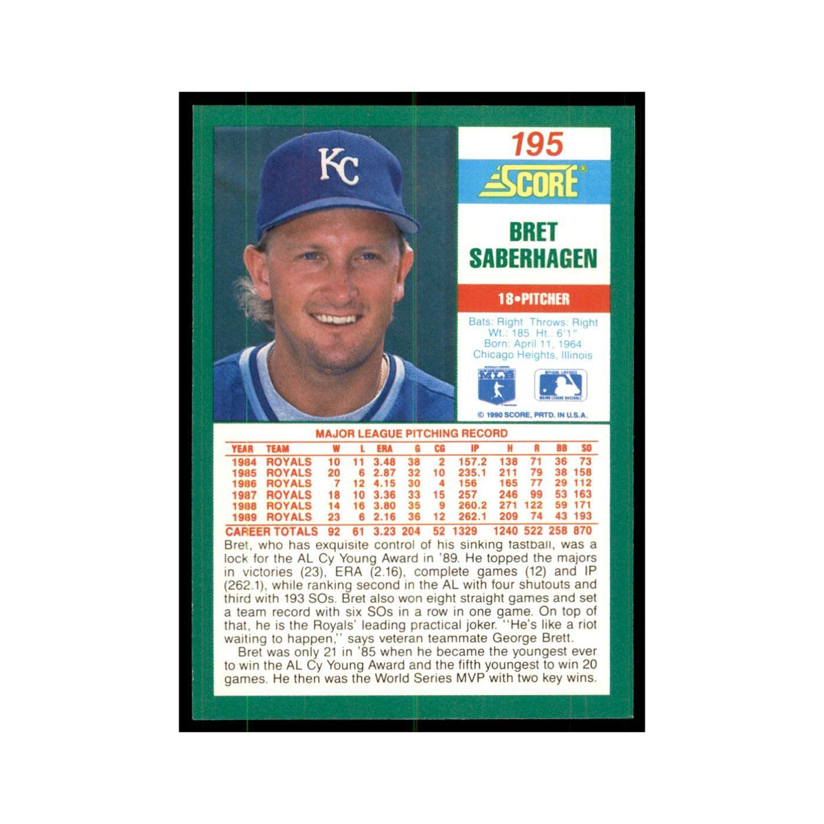 1990 Score Bret Saberhagen Baseball Cards #195