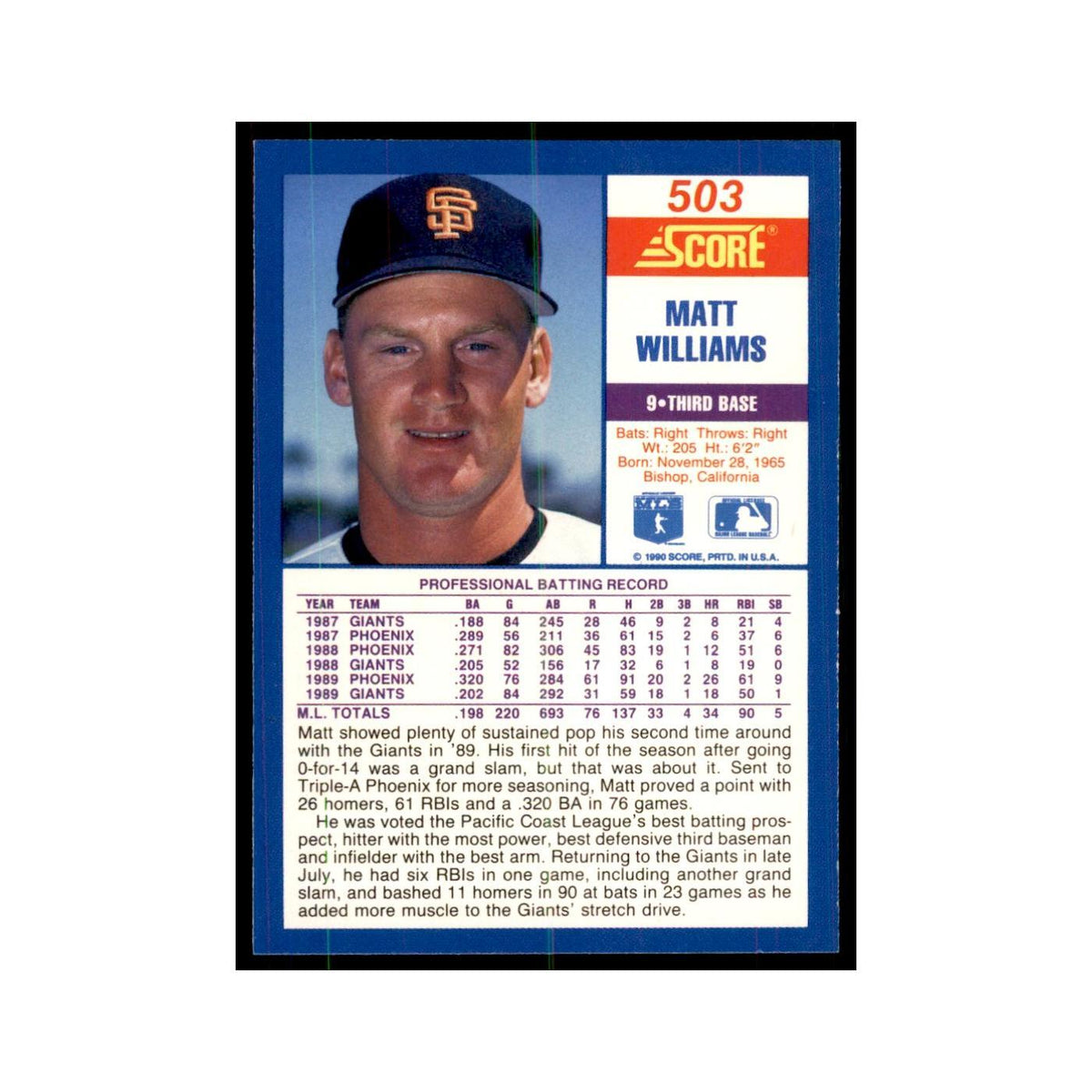 1990 Score Matt Williams Baseball Cards #503