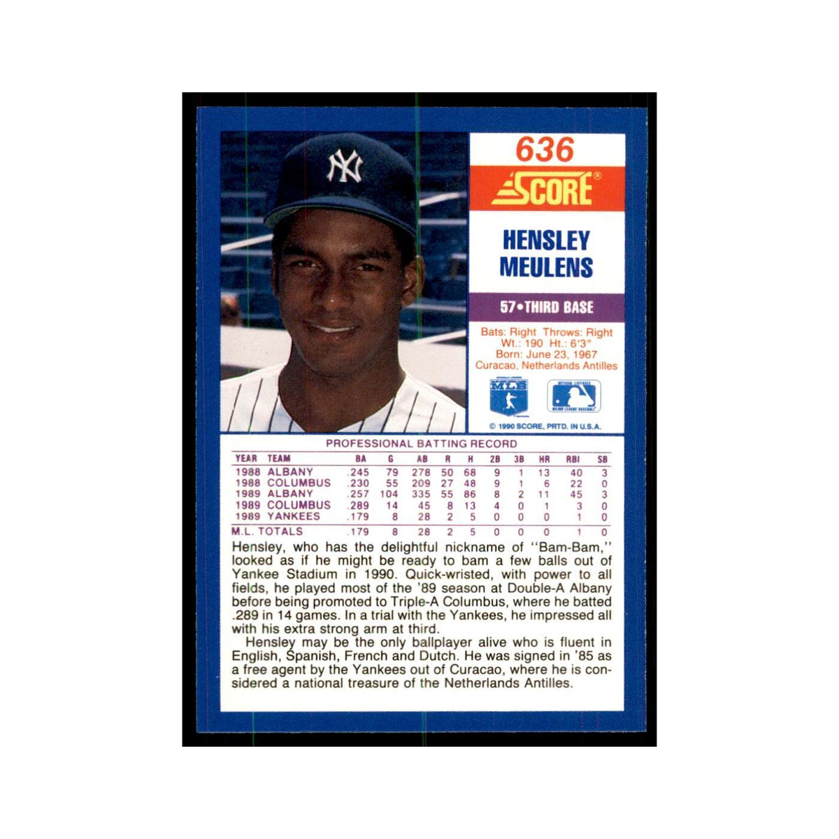 1990 Score Hensley Meulens RC Baseball Cards #636