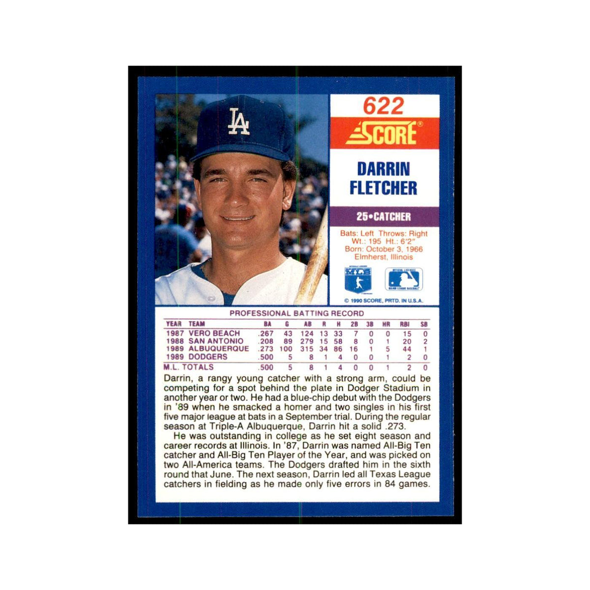 1990 Score Darrin Fletcher RC Baseball Cards #622