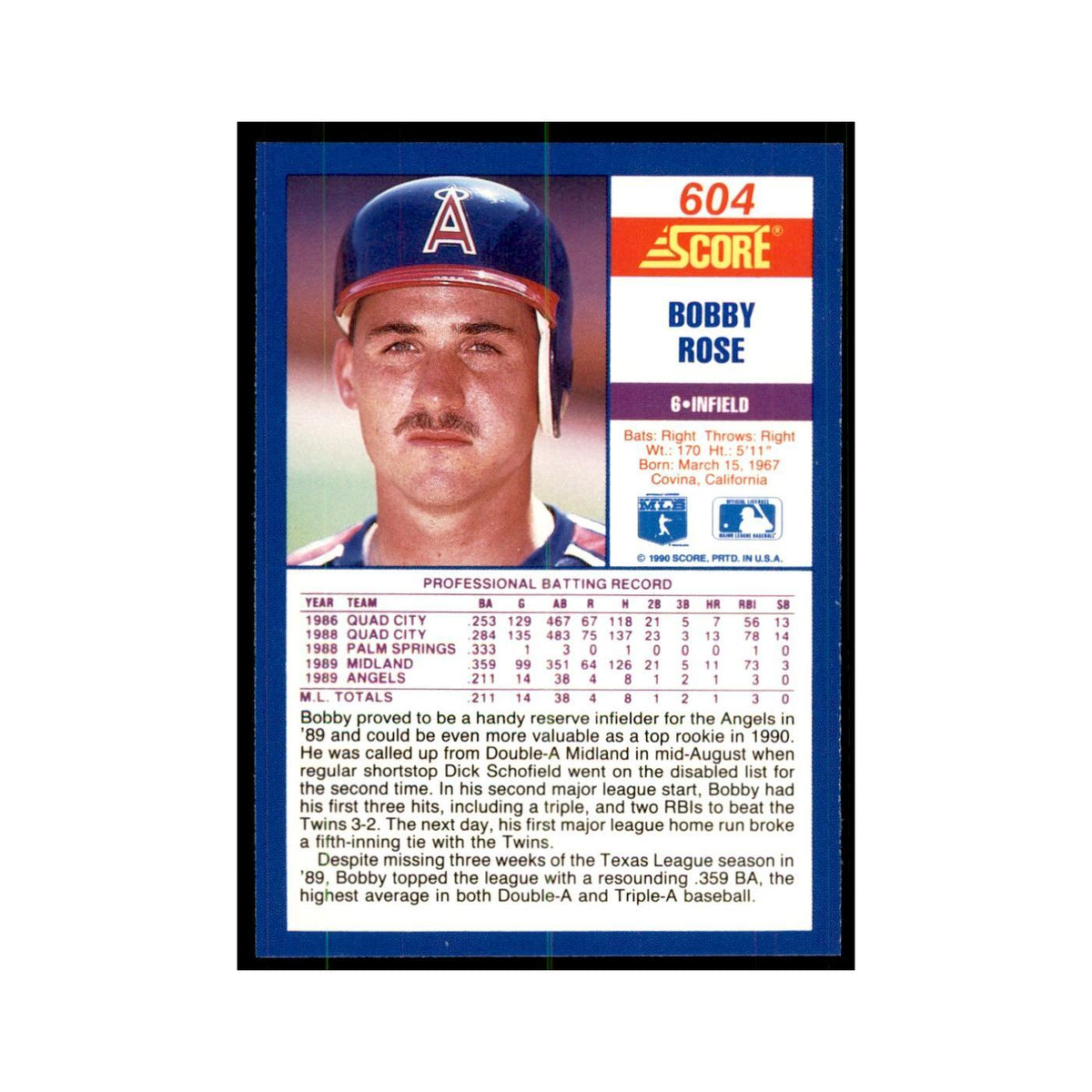 1990 Score Bobby Rose RC Baseball Cards #604