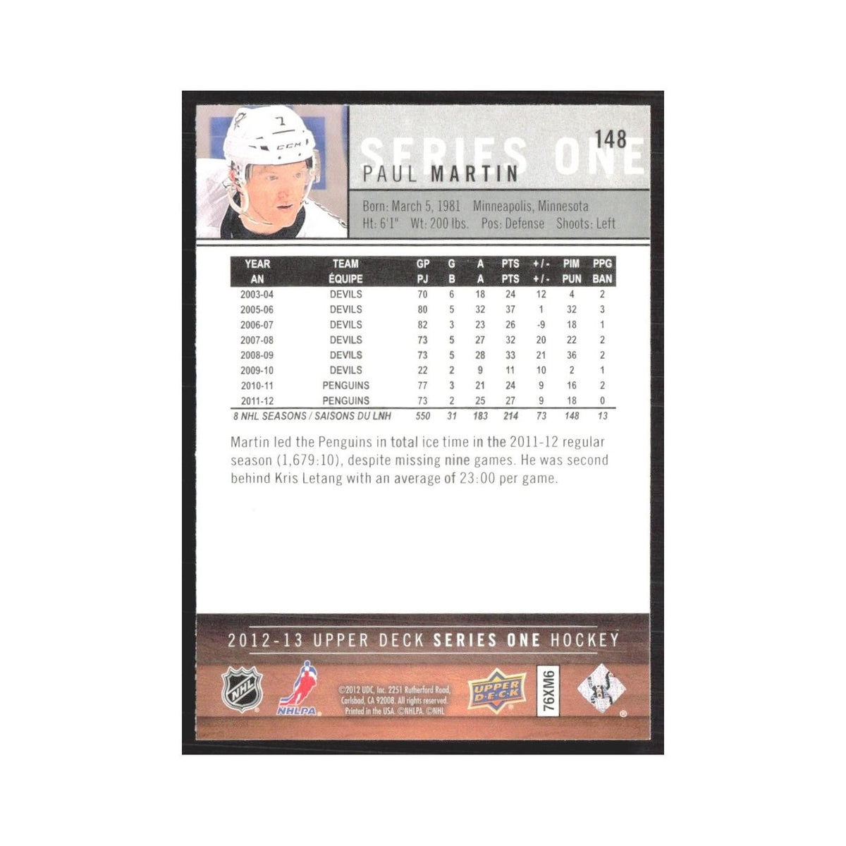 2012 Upper Deck Paul Martin Pittsburgh Penguins #148