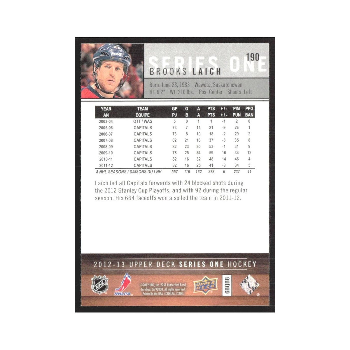 2012 Upper Deck Brooks Laich Washington Capitals #190