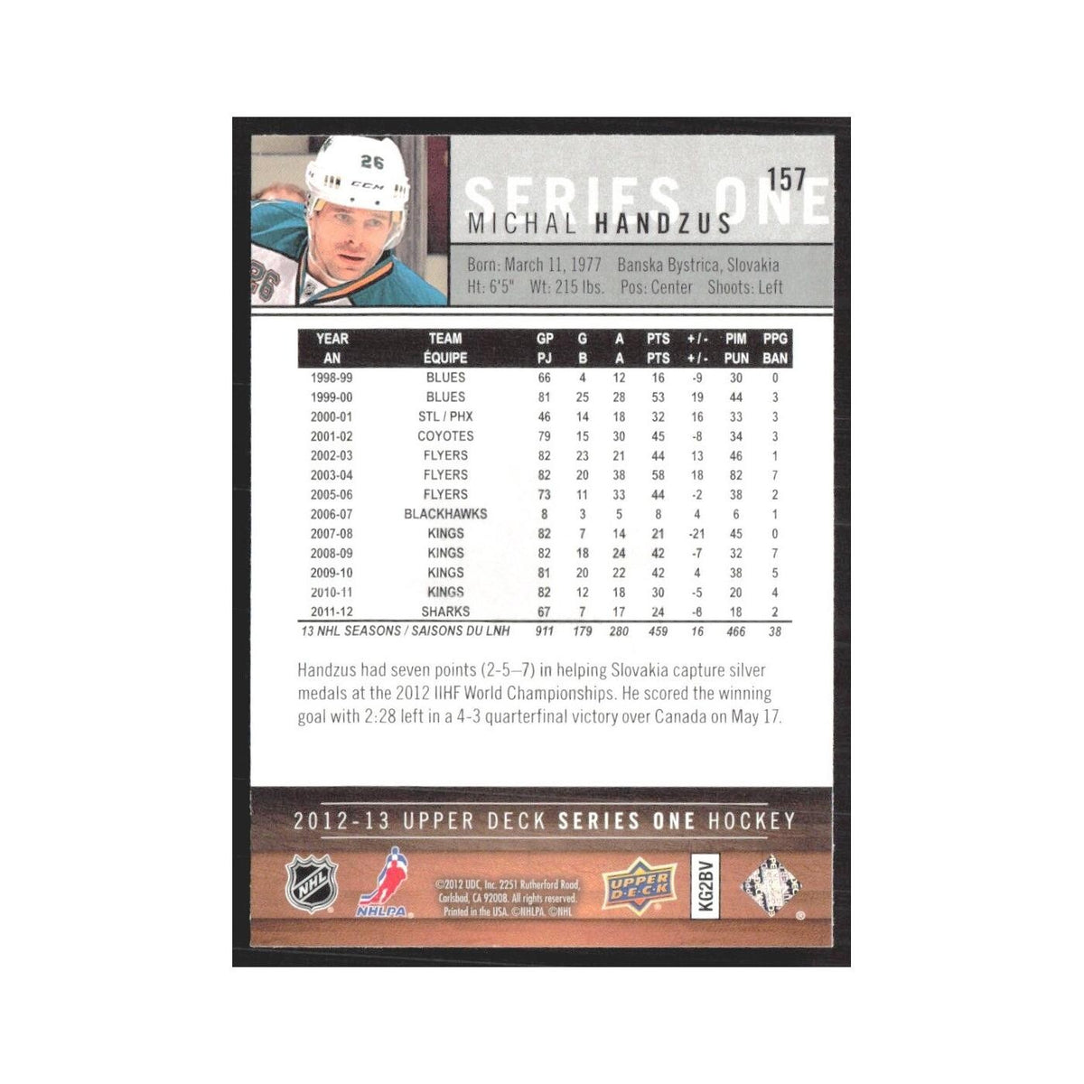 2012 Upper Deck Michal Handzus San Jose Sharks #157