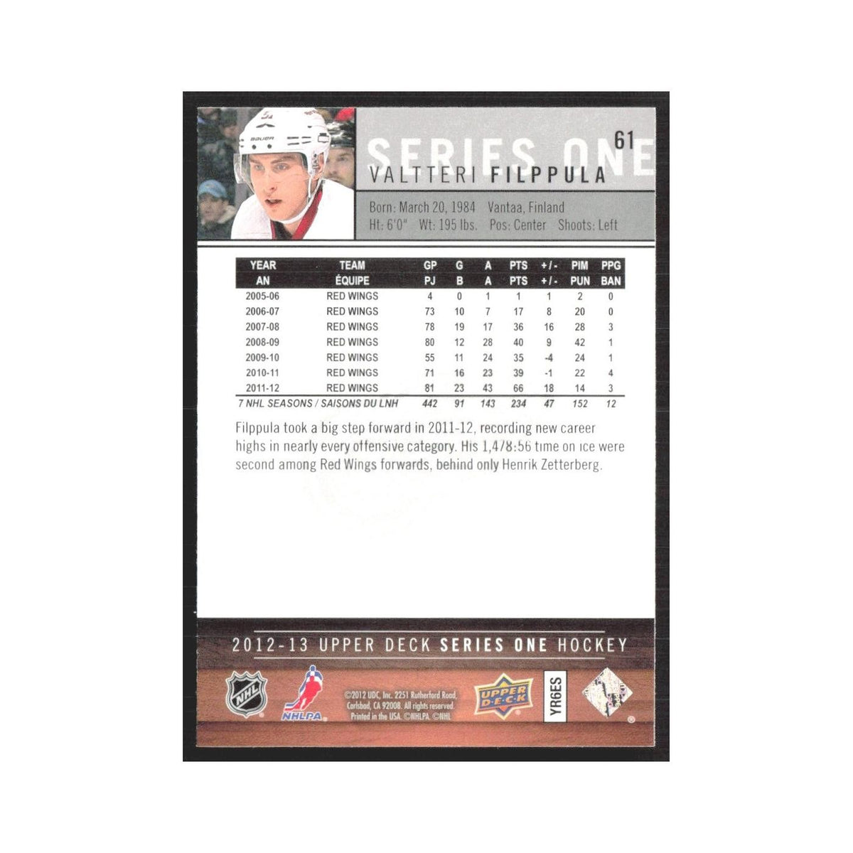 2012 Upper Deck Valtteri Filppula Detroit Red Wings #61