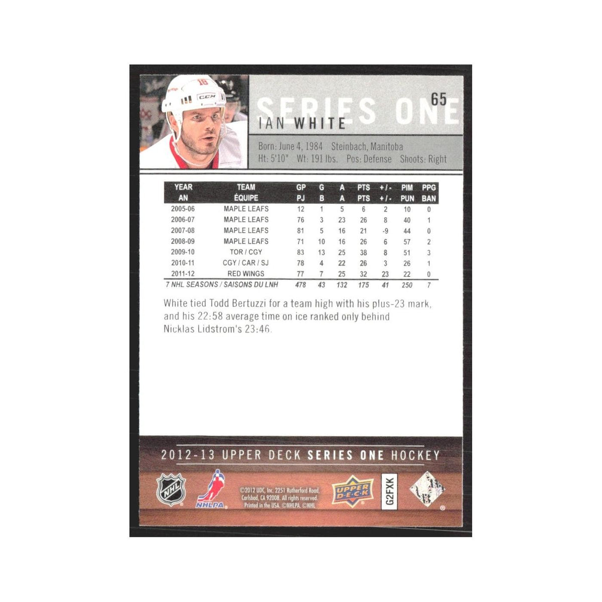 2012 Upper Deck Ian White Detroit Red Wings #65