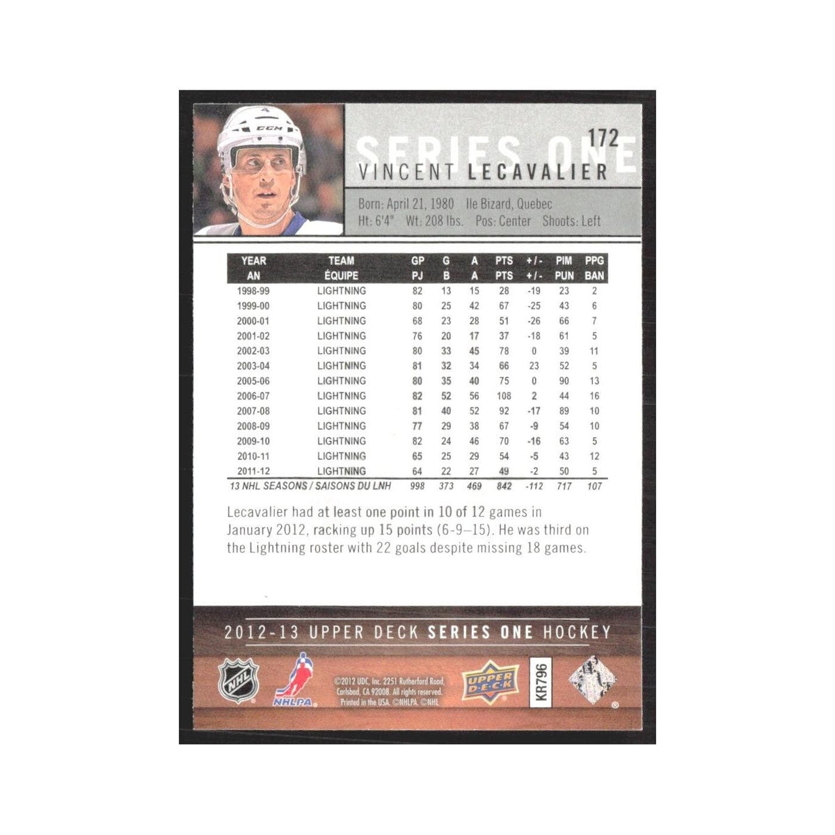 2012 Upper Deck Vincent Lecavalier Tampa Bay Lightning #172