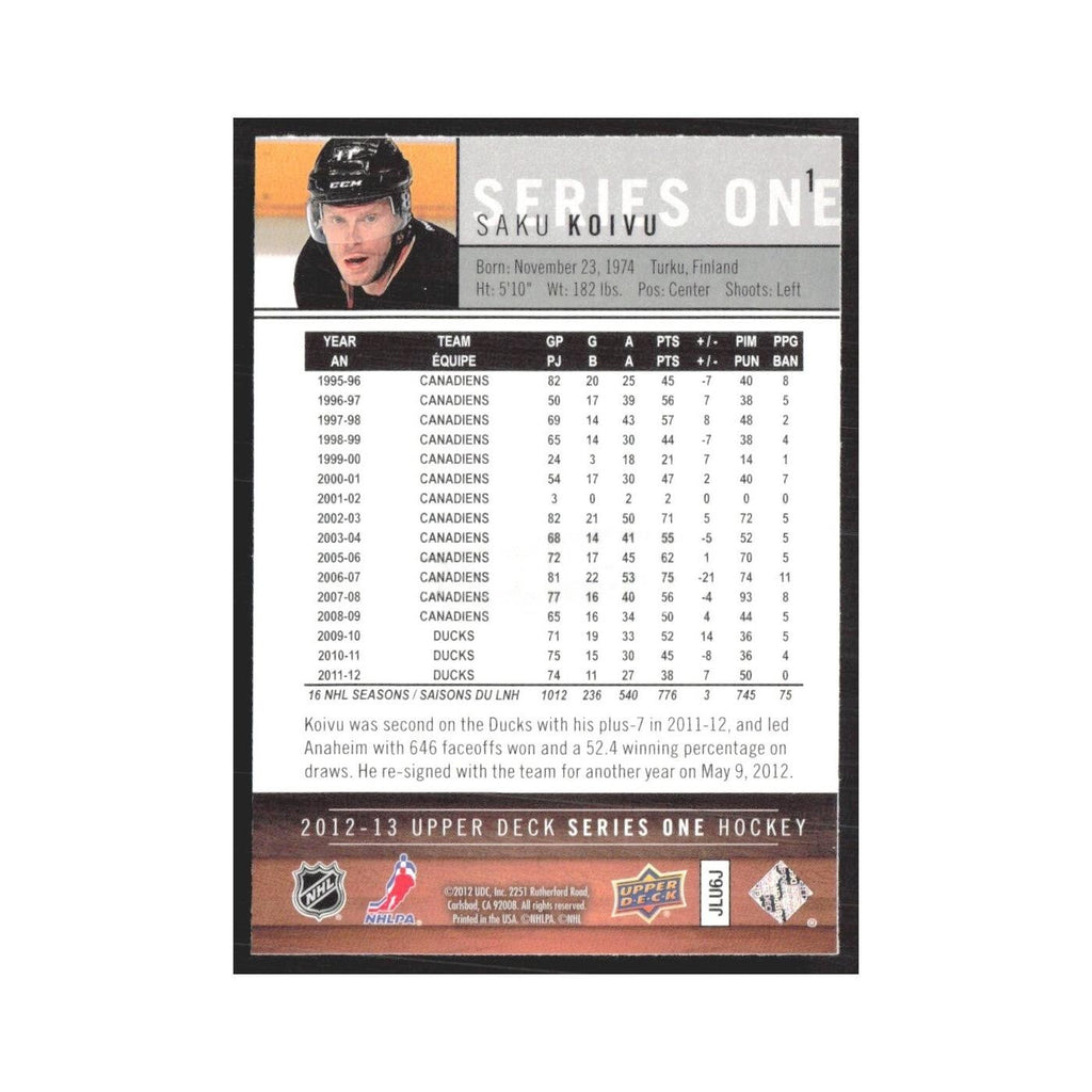 2012 Upper Deck Saku Koivu Anaheim Ducks #1