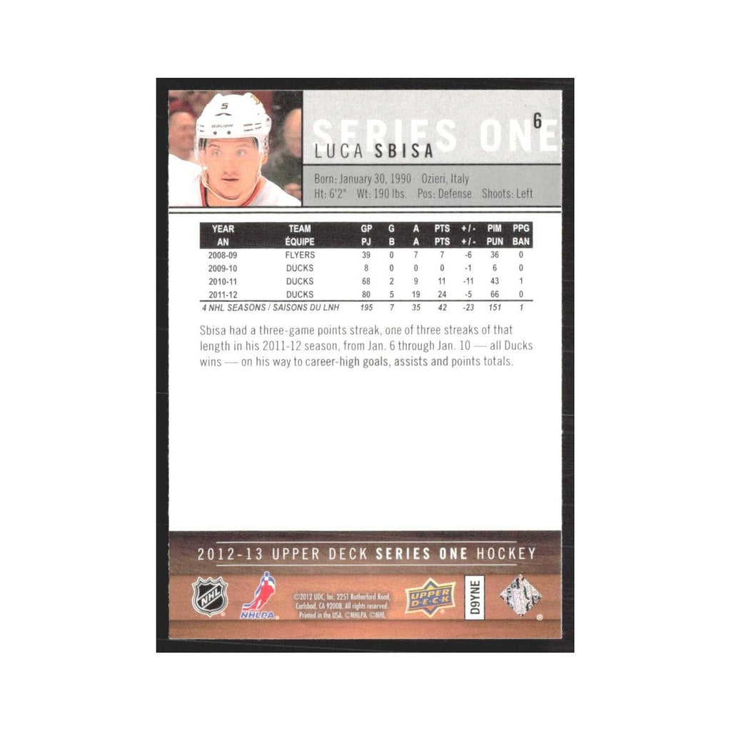 2012 Upper Deck Luca Sbisa Anaheim Ducks #6