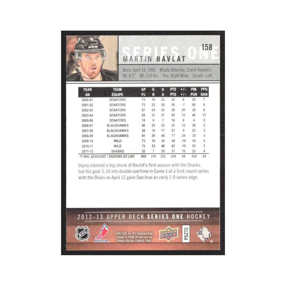 2012 Upper Deck Martin Havlat San Jose Sharks #158