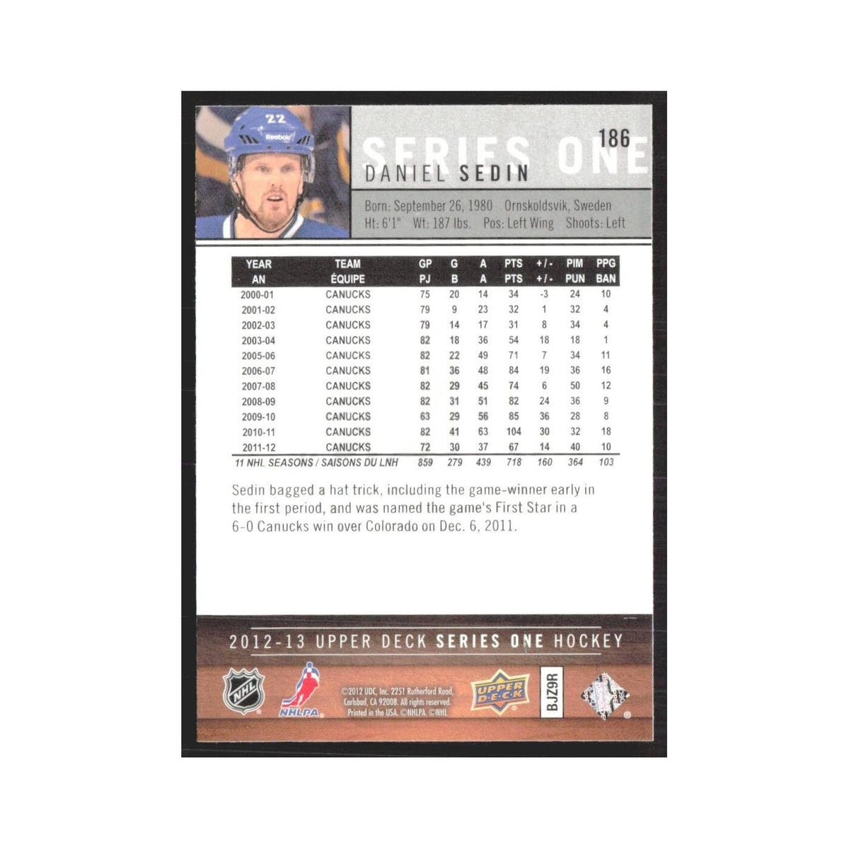 2012 Upper Deck Daniel Sedin Vancouver Canucks #186