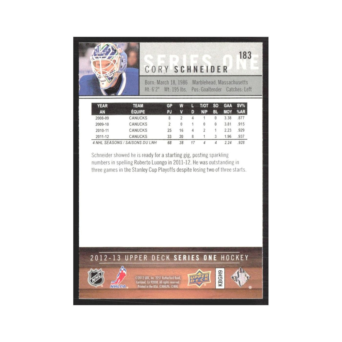 2012 Upper Deck Cory Schneider Vancouver Canucks #183