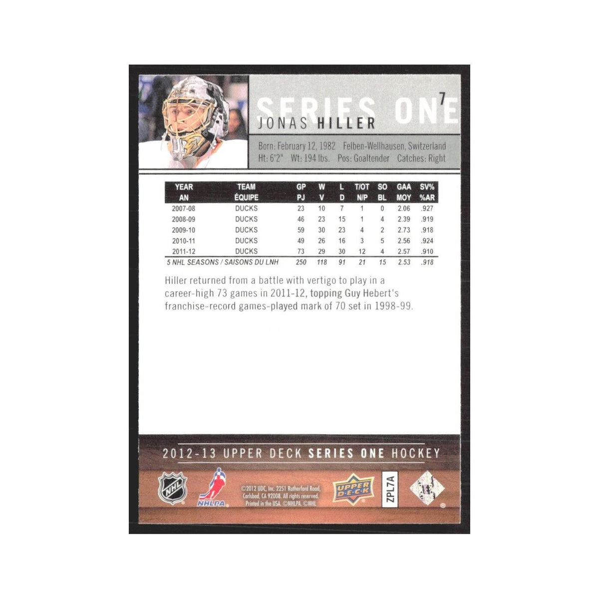 2012 Upper Deck Jonas Hiller Anaheim Ducks #7