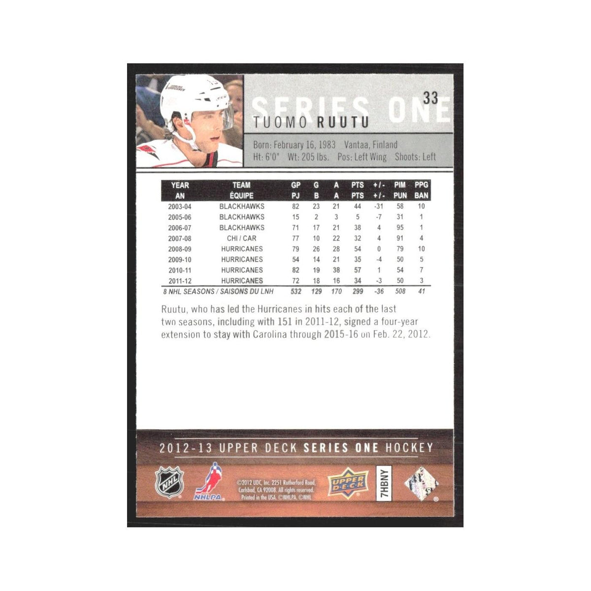 2012 Upper Deck Tuomo Ruutu Carolina Hurricanes #33