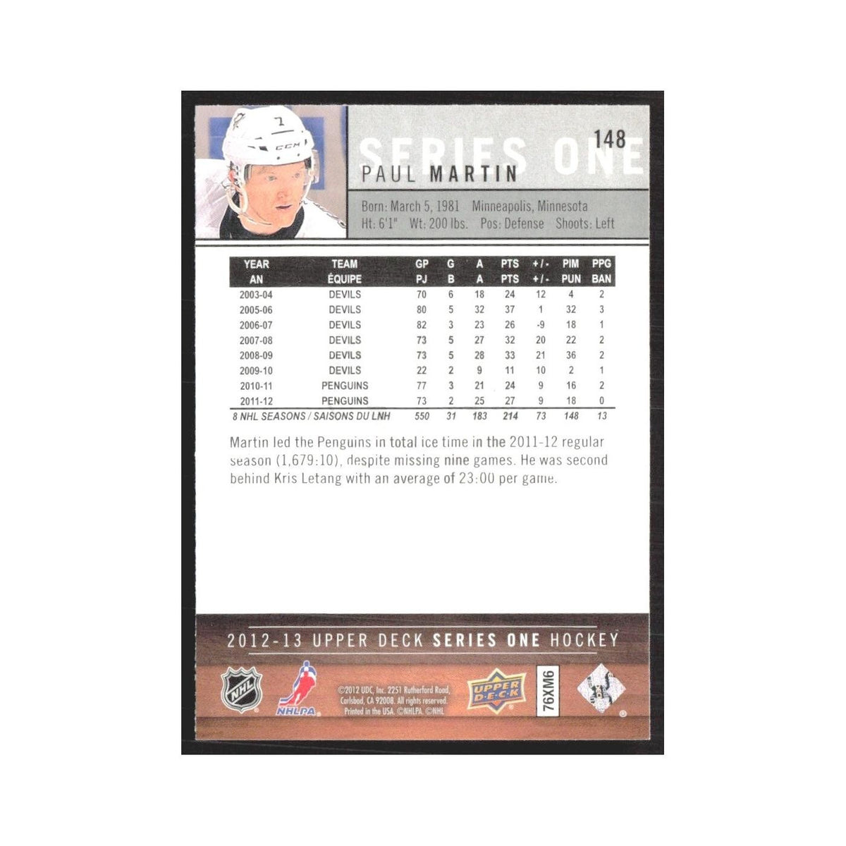 2012 Upper Deck Paul Martin Pittsburgh Penguins #148