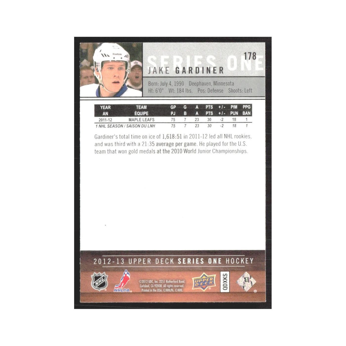 2012 Upper Deck Jake Gardiner Toronto Maple Leafs #178