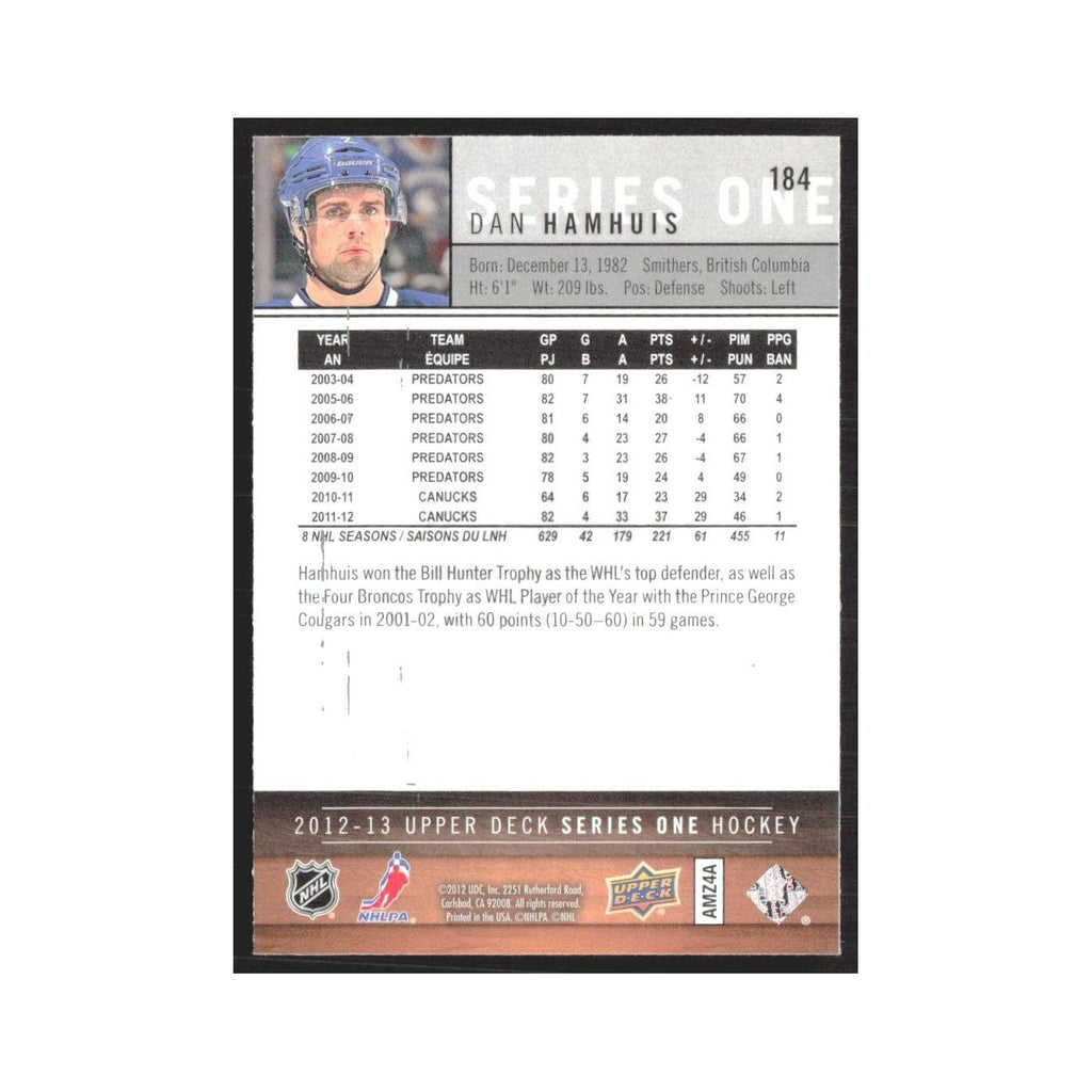 2012 Upper Deck Dan Hamhuis Vancouver Canucks #184