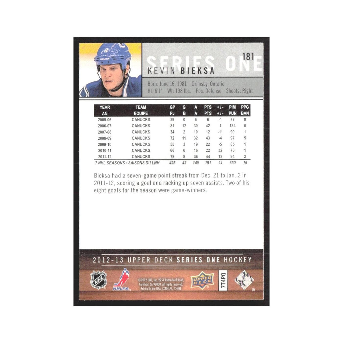 2012 Upper Deck Kevin Bieksa Vancouver Canucks #181