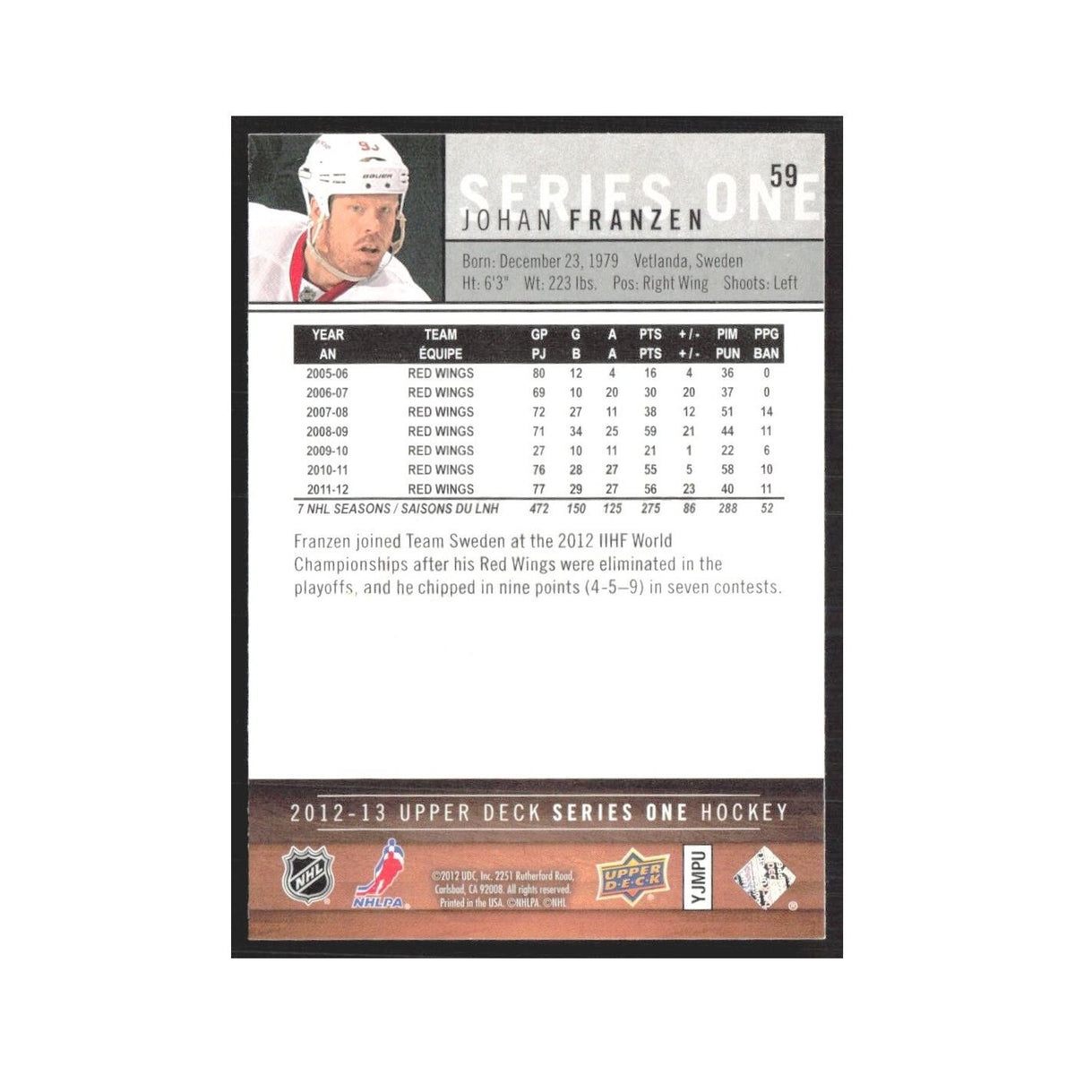 2012 Upper Deck Johan Franzen Detroit Red Wings #59