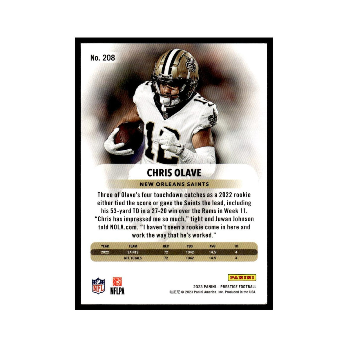 Chris Olave 2023 Panini Prestige #208 New Orleans Saints Football Card NM