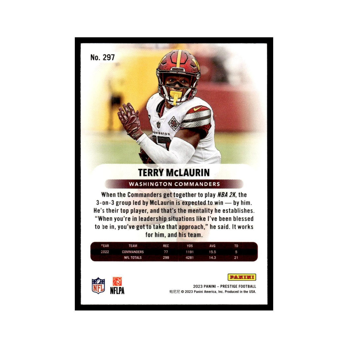Terry McLaurin 2023 Panini Prestige #297 Washington Commanders Football Card NM