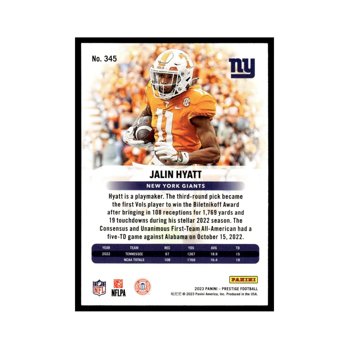 Jalin Hyatt 2023 Panini Prestige #345 New York Giants Football Card NM
