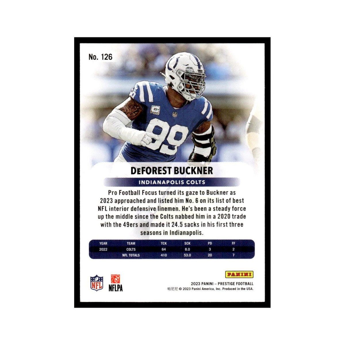 DeForest Buckner 2023 Panini Prestige #126 Indianapolis Colts Football Card NM