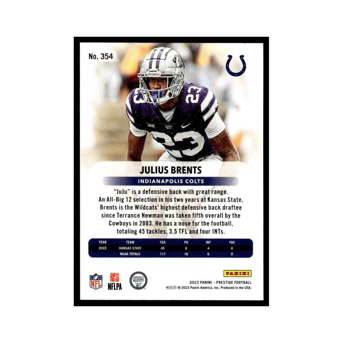 Julius Brents 2023 Panini Prestige #354 Indianapolis Colts Football Card NM