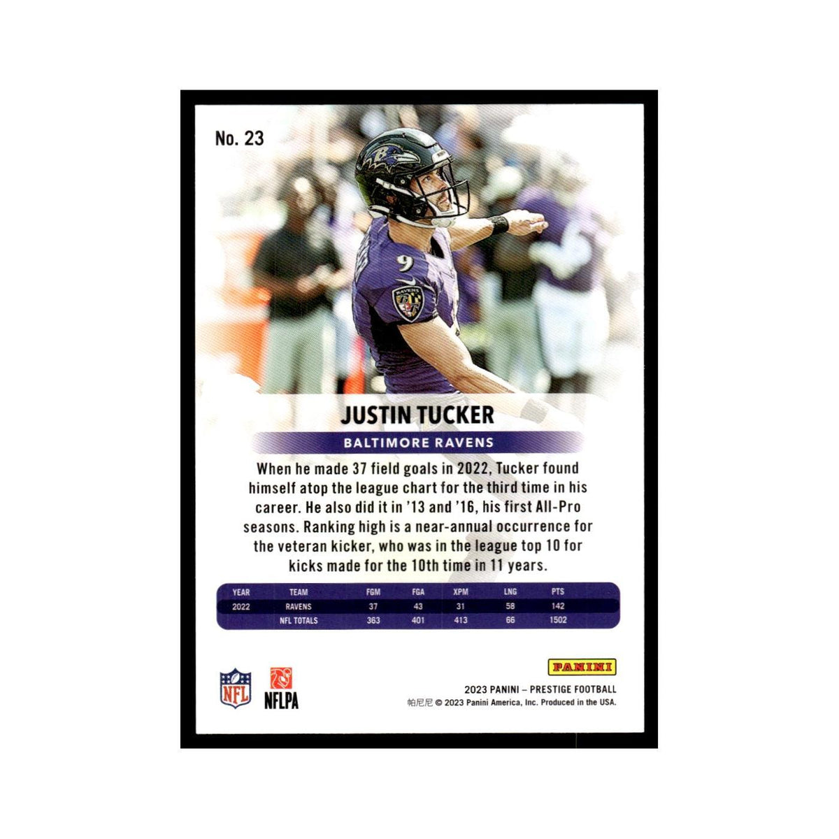 Justin Tucker 2023 Panini Prestige #23 Baltimore Ravens Football Card NM